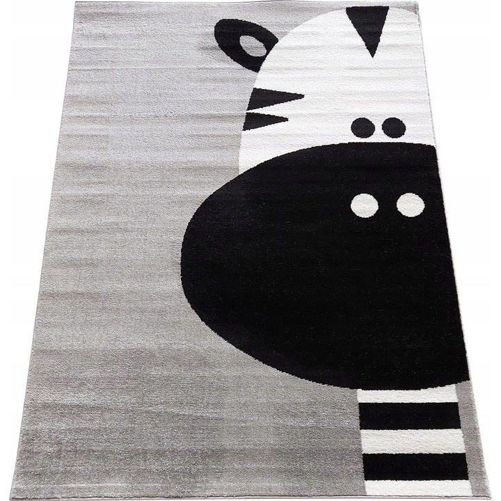 Covor Pentru Dormitor, 80x150 cm, Polipropilena, Fir Scurt, Pentru Camera Copiilor, Cu Zebra, Compatibil Cu Incalzirea Prin Pardoseala, Densitate 1650 g/m2, Certificat OEKO-TEX 100, Lungime Fir 1.2 cm, 1.65 kg, Gri