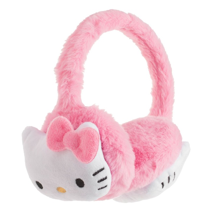 Aparatori urechi roz cu model 3D Hello Kitty, blana artificiala, pentru fete