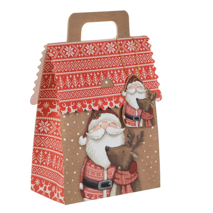 Cutie cadou pliabilă Crăciun 2.8l, model Mos Crăciun și ren, maro