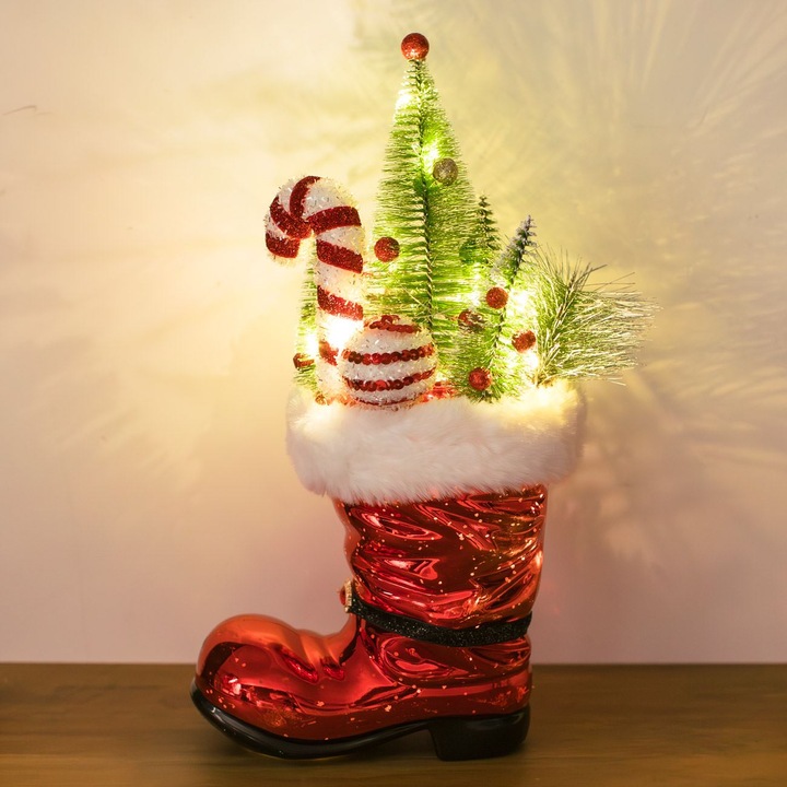 Cizmuliță de Crăciun cu brad și LED, roșie, 18x9x40cm
