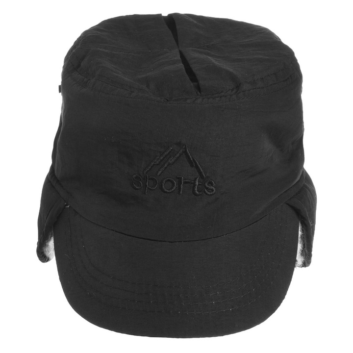 Черна зимна шапка Trapper с изкуствена кожа, покритие за уши и закопчалка за мъже