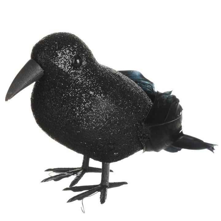 Corb decorativ negru 10cm pentru Halloween, figurina cu picioare din sarme metalice