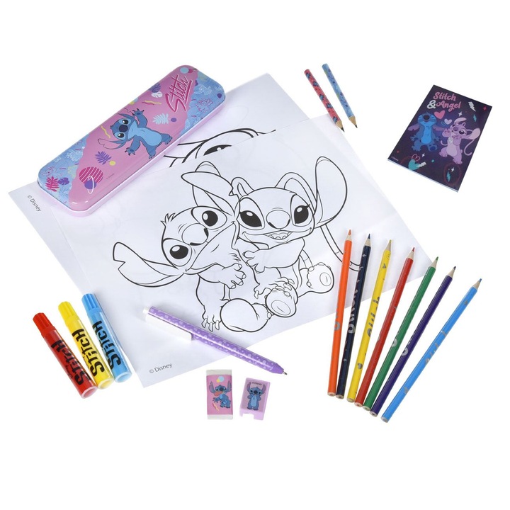 Set şcoală cu model Stitch, 25 accesorii, roz și bleu, pentru fete