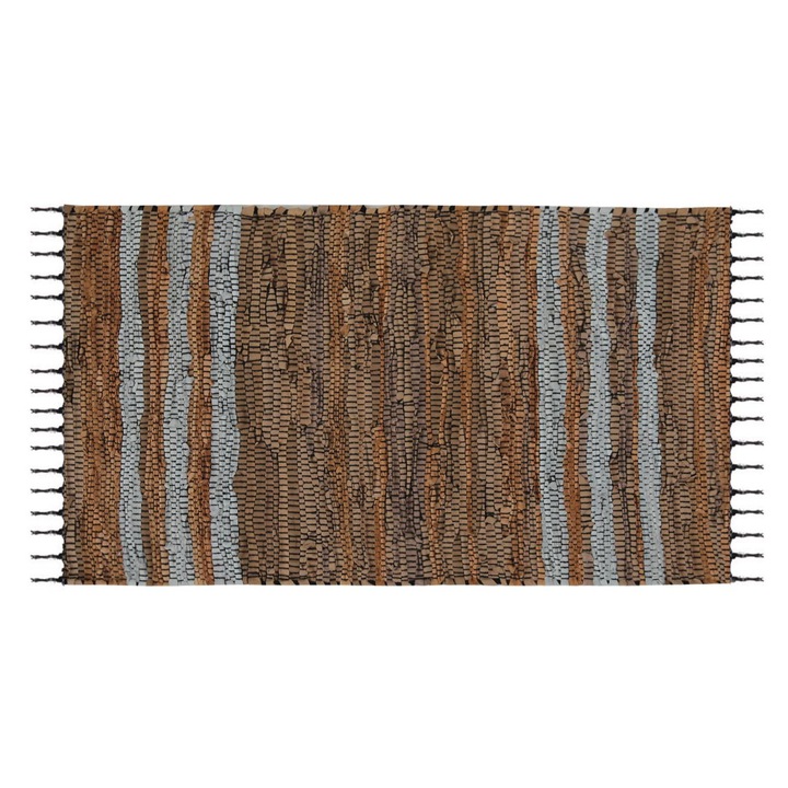 Covoraș din piele ecologică gri și camel, 90x45cm, cu franjuri