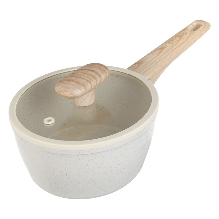 Cratită ceramică antiaderentă, 16cm, 1l, capac cu găuri pentru aburi, mânere efect lemn