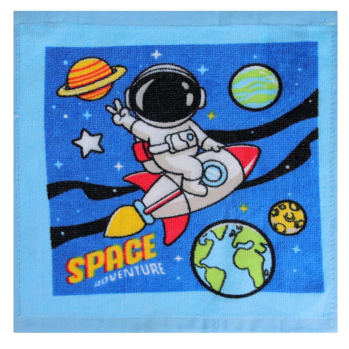 Prosop din bumbac albastru 30x30cm, model spațiu pentru copii