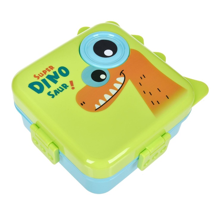 Caserola din Plastic cu 5 Compartimente Lingura & Recipient pentru Sos cu Model Dinozaur - 1100ml