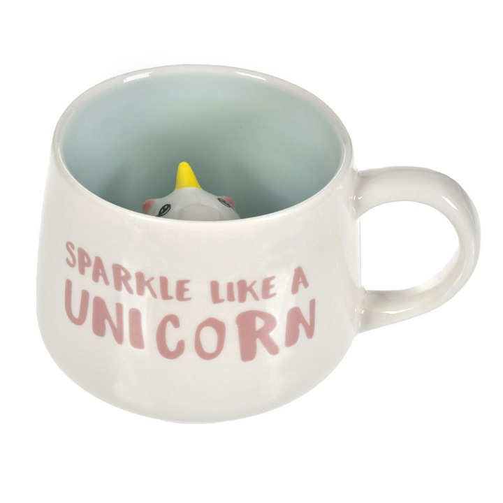 Fehér ovális kerámia bögre unikornis 3D figurával, "Sparkle Like a Unicorn" felirattal
