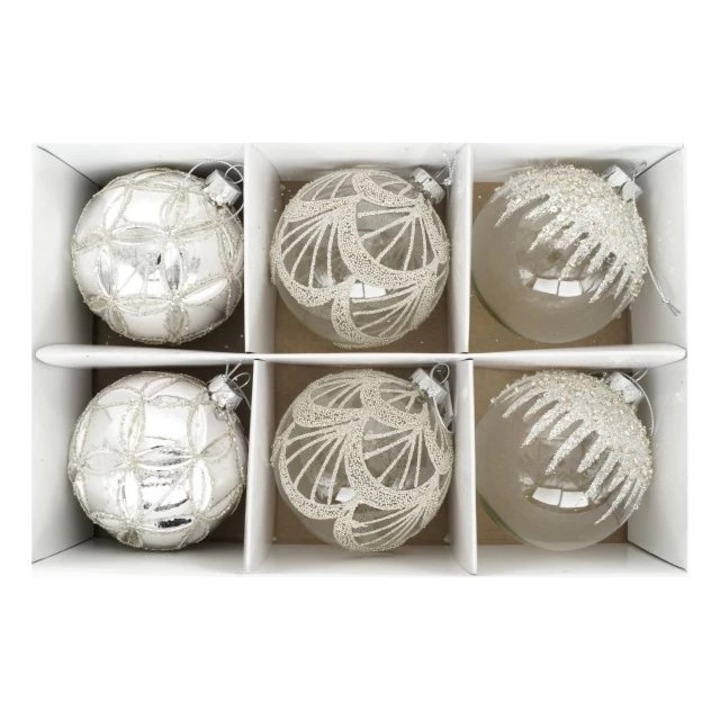 Set de globuri, cu decorațiuni cu sclipici, model în relief, cu agățătoare 8 cm S/6