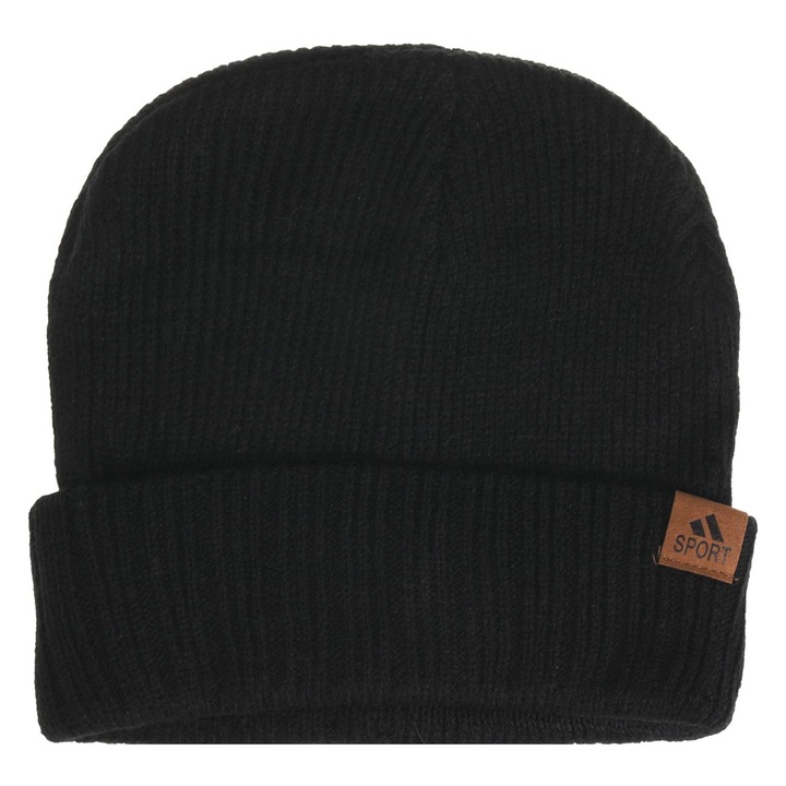 Caciula Tricotata Neagra cu Patch PU "Sport" pentru Barbati