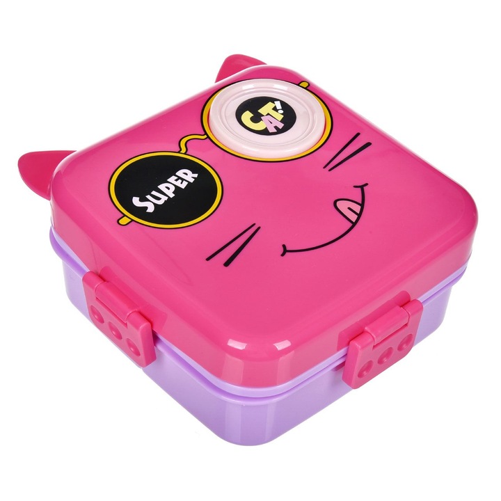 Caserola din Plastic cu 5 Compartimente Lingura & Recipient Sos Model Pisica