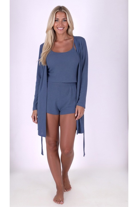 Pijama Dama, Passion, Moonelle Sleepwear, Albastru, 3 Piese, Halat De Baie Cu Curea, Maiou Si Pantaloni Scurti, Din Material Elastic, Uni