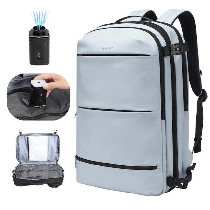 Rucsac de Calatorie Avion Vaccum, Vidabil cu Pompa Inclusa, Extensibil, Impermeabil, 50x31x24 cm, Multiple Compartimente, 30-60 L, Albastru
