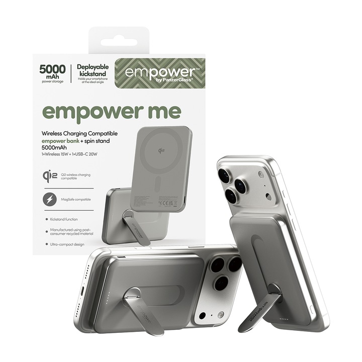 Külső akkumulátor empower by PanzerGlass, Rotate Stand, 5000mAh, Titán