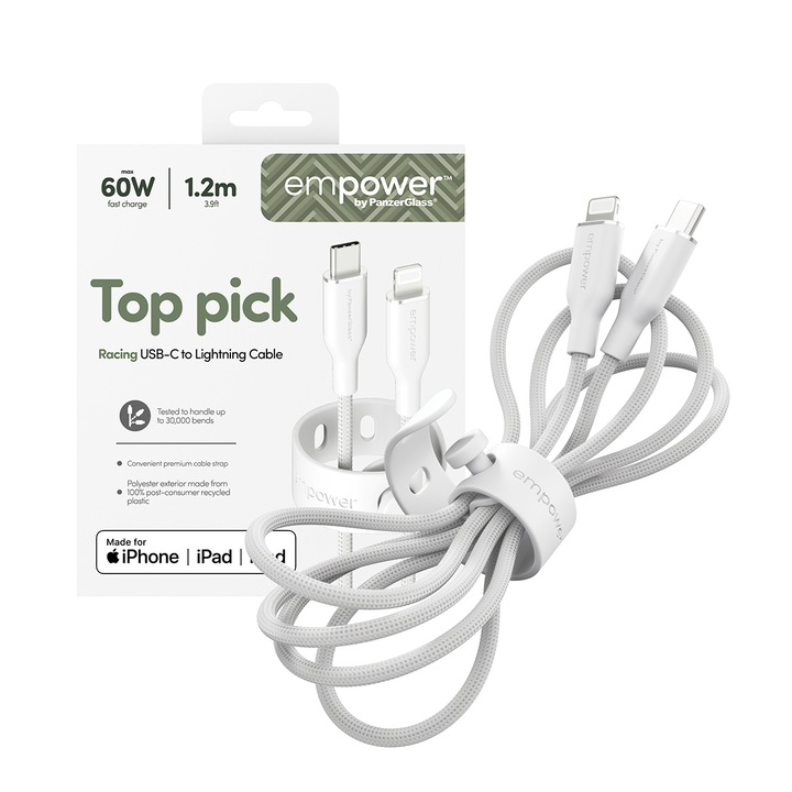 Data кабел empower by PanzerGlass, Racing, USB-C to Lightning, 60W, USB 2.0, 1, 2m, Silver White