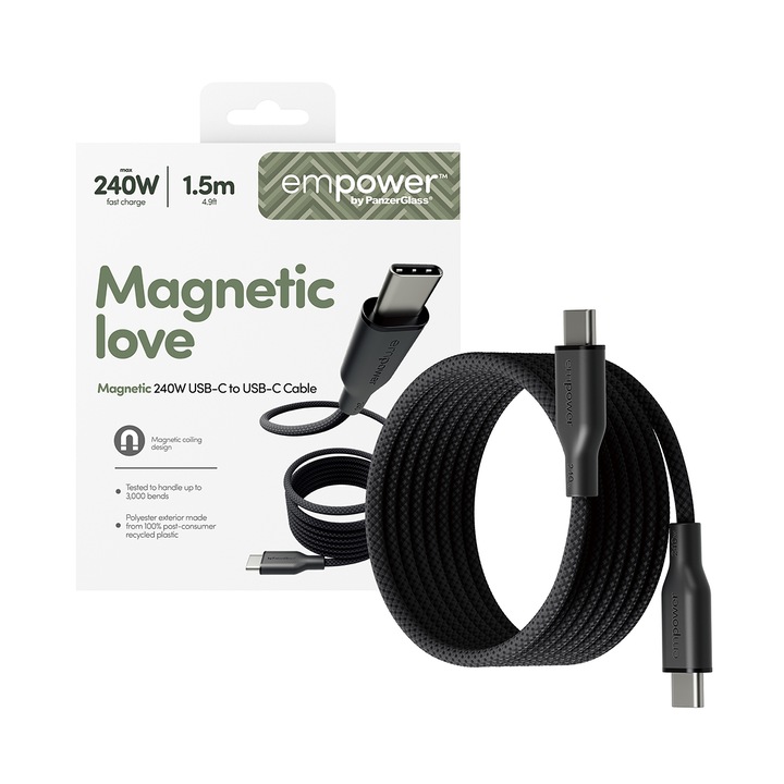 Cablu de date empower by PanzerGlass, Magnetic Snake, USB-C la USB-C, 240W, USB 2.0, 1, 5m, Space Black