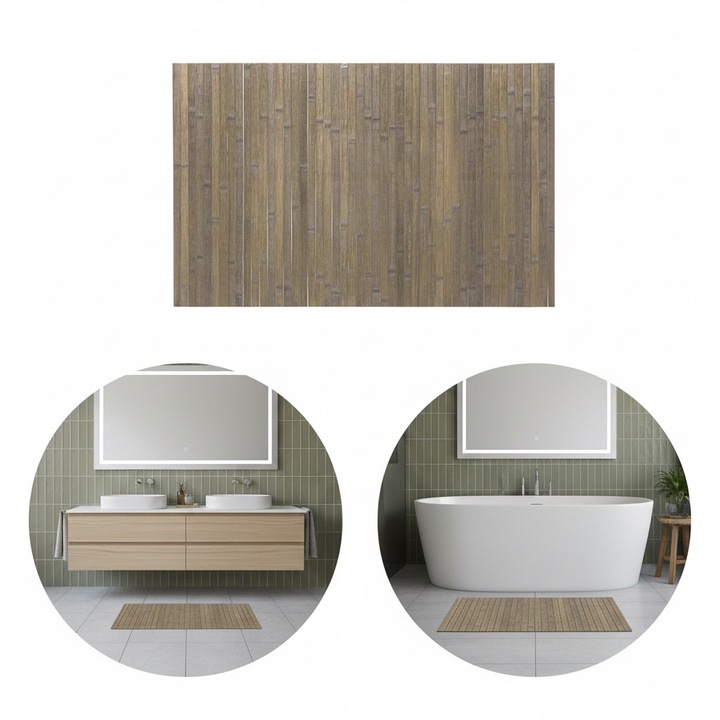 Covoras baie BREZIUM, bambus 80x50cm, antiderapant, Gri/Maro