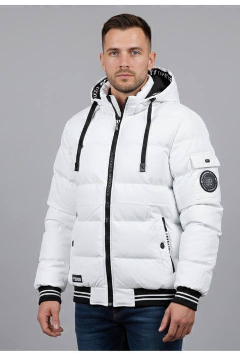 Férfi Fehér Téli Kabát Kapucnival és Kontrasztos Fekete Részletekkel 7952-4 12953, Fekete