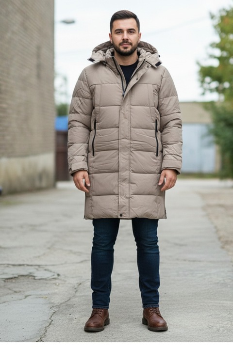 Férfi vastag téli hosszú kabát levehető kapucnival 2603 bézs 12978, Bézs