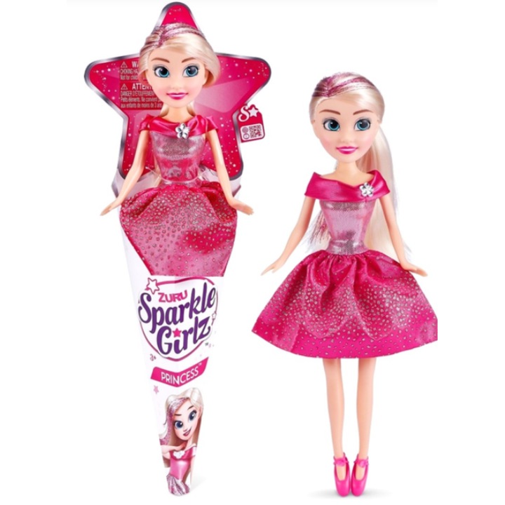 Csillogó baba, tündér, rózsaszín hajjal és ruhával, 28 cm