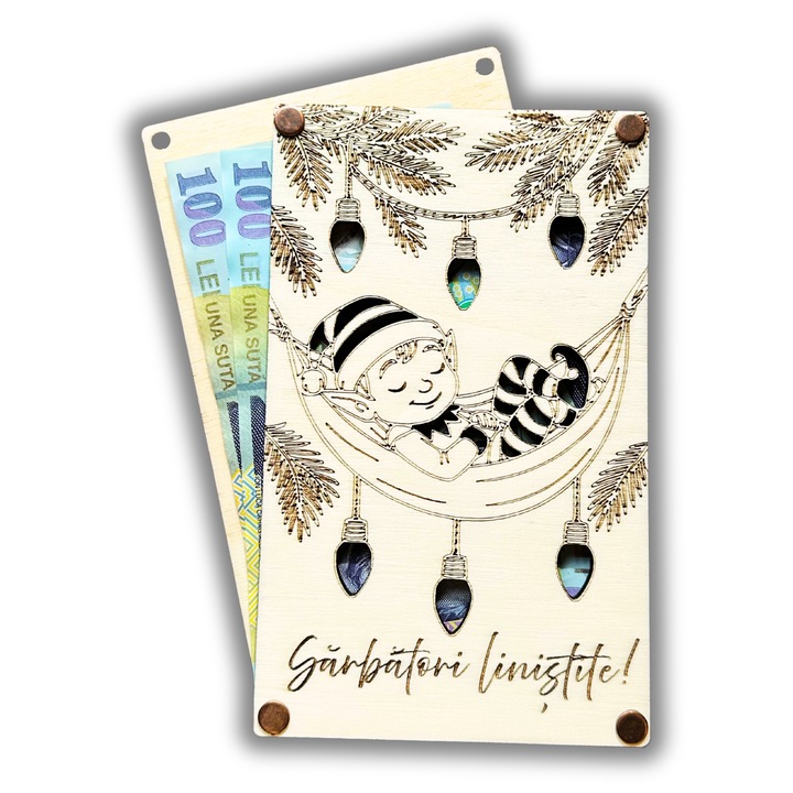 Felicitare din lemn cu suport pentru bani – Elf in hamac, Sarbatori linistite, cadou Craciun personalizat