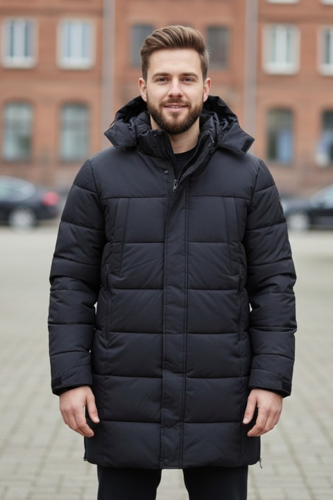 Férfi vastag téli hosszú kabát levehető kapucnival 2603 fekete 12983, Fekete