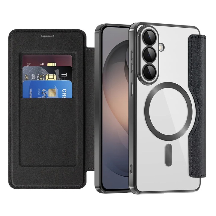 Husa pentru Samsung Galaxy S26 tip carte, SKYDDAR INOVATION, SmartMag Book, Magsafe, RFiD, Suport Carduri, set cu sticker, Negru