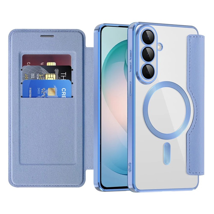 Husa pentru Samsung Galaxy S26 Edge tip carte, SKYDDAR INOVATION, SmartMag Book, Magsafe, RFiD, Suport Carduri, set cu sticker, Bleu