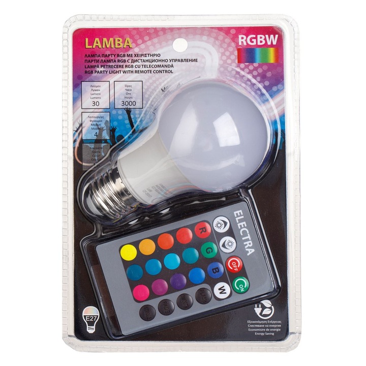 LED RGBW E27 izzó távirányítóval, 3W, 16 szín, 4 világítási mód