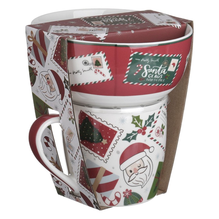 Set cană și bol ceramic bordo cu model scrisoare lui Moș Crăciun 15cm, 2buc