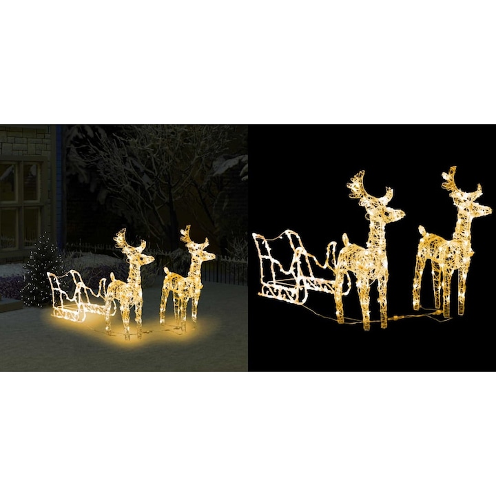 Decoratiune de Craciun reni si sanie 160 LED-uri 130 cm acril