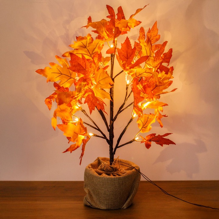 Ghiveci decorativ de toamnă cu frunze și LED, bej, 45cm