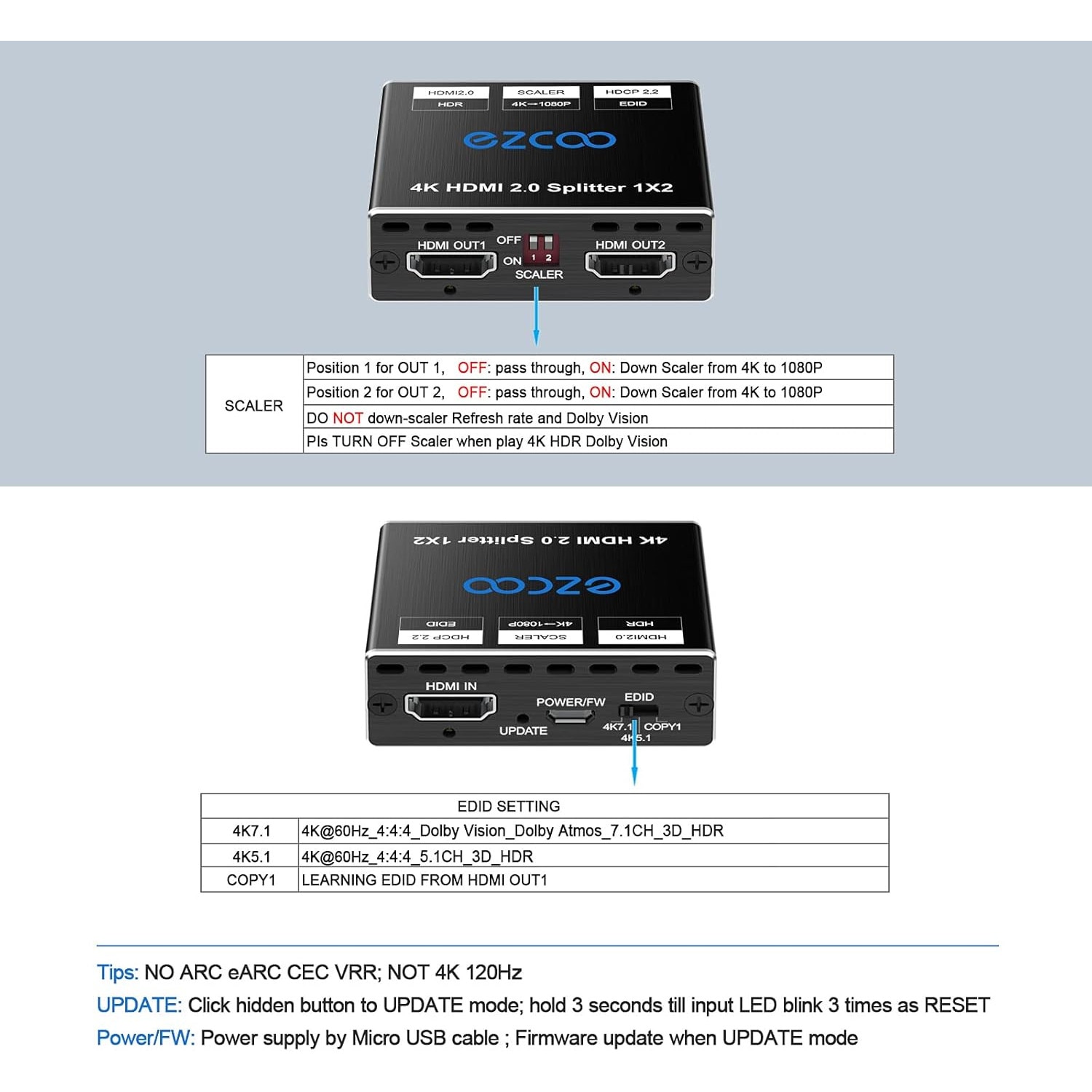 VSP01201 HDMI 2.0 Splitter 1x2 with Downscaler & EDID-Management