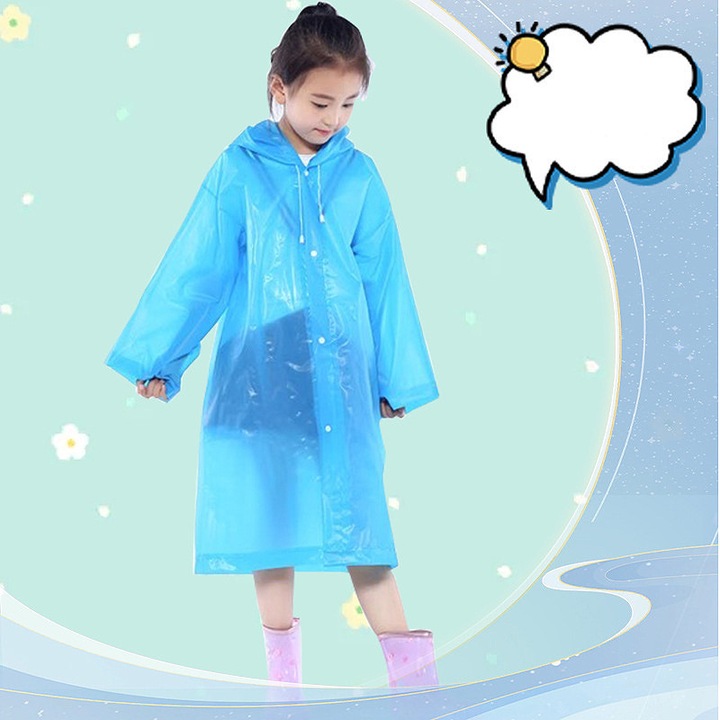 Pelerina de ploaie copii EVA, impermeabila, usoara, cu gluga si inchidere cu capse – Marime universala 90-150 cm.Albastru Transparent