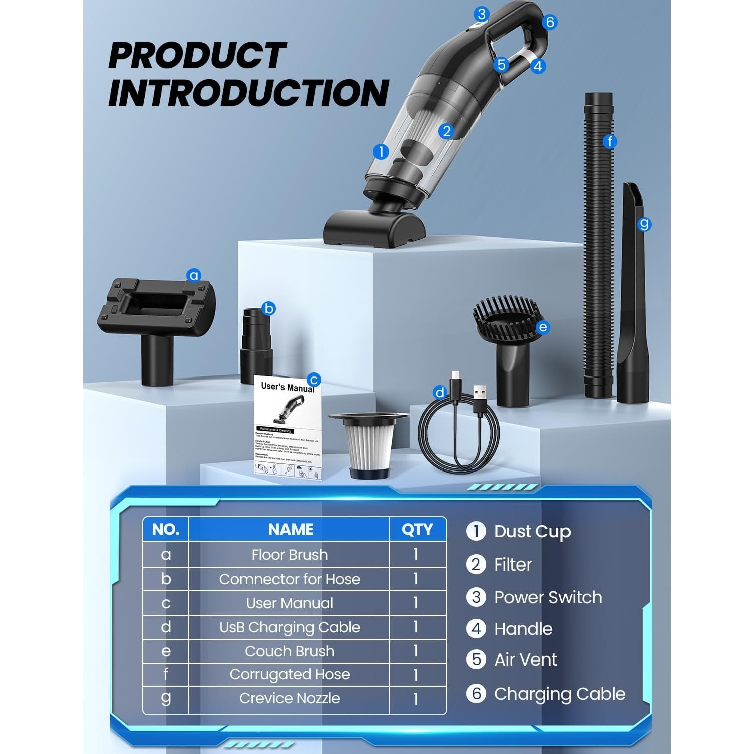Aspirator, putere de aspirare de 6000 PA, aspirator portabil fara fir, potrivit pentru masini, par de animale, tastaturi si mobilier, include geanta de depozitare si 2 filtre de rezerva