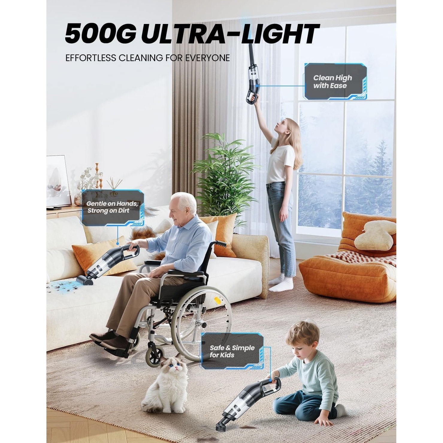 Aspirator, putere de aspirare de 6000 PA, aspirator portabil fara fir, potrivit pentru masini, par de animale, tastaturi si mobilier, include geanta de depozitare si 2 filtre de rezerva