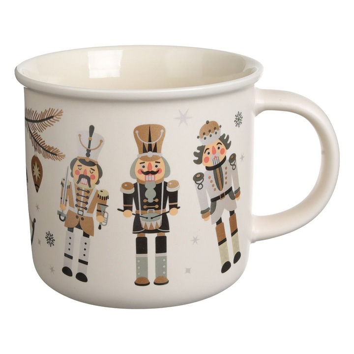 Cana ceramică ecru mată de Crăciun cu jucării și soldat de lemn, 370ml