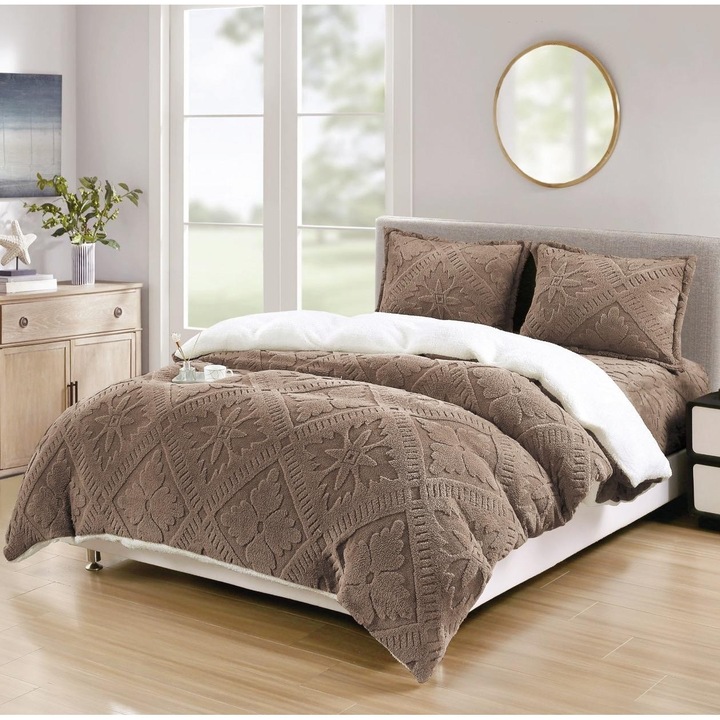 Lenjerie cu blanita cu elastic cocolino 2 persoane, Pucioasa, Sigma V18, Maro, 4 piese, Microfibra, 180x200 cm