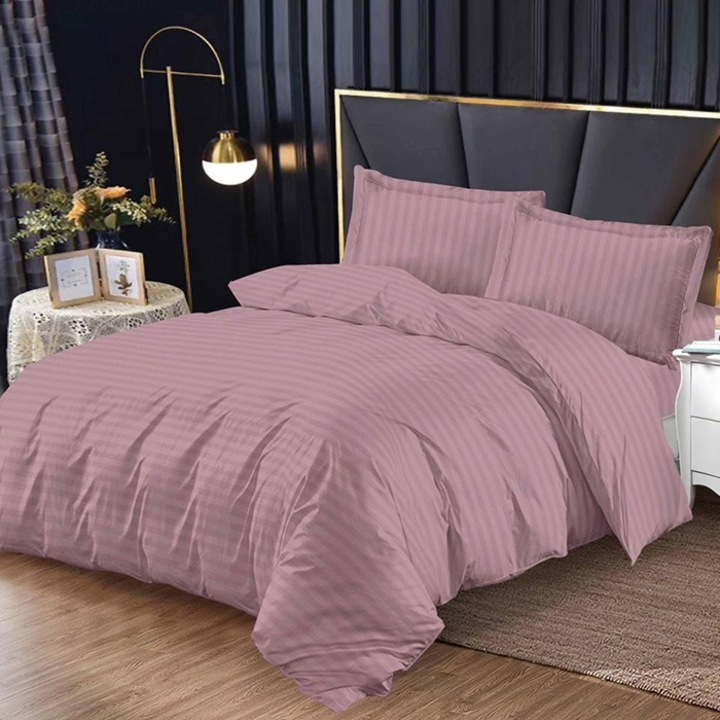 Lenjerie Damasc cu elastic 2 persoane, Pucioasa, Bright V9 Dry Rose, Dry Rose, 4 piese, Finet, 180x200 cm