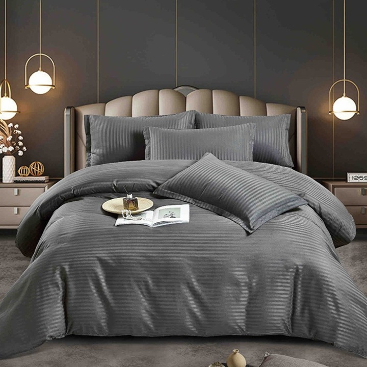 Lenjerie Damasc 2 persoane, Dormy, Straight V1, Gri, 6 piese, Finet