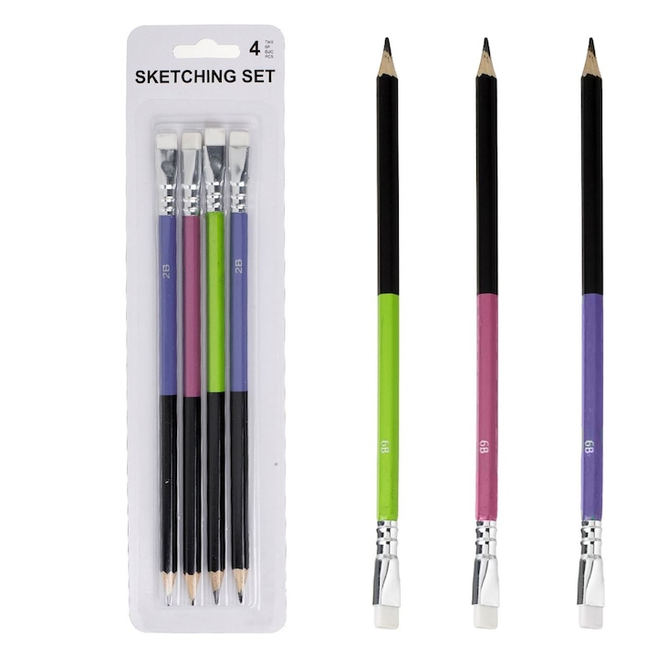 Комплект двуцветни моливи за скициране с гума, 4 броя, черен с лилави, розови, зелени детайли