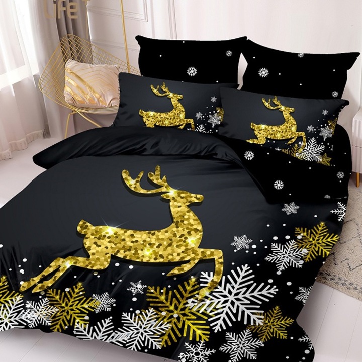 Lenjerie Mos Craciun cu elastic pentru 2 persoane, Pucioasa, Noel V100, 6 piese, Finet, 180x200 cm