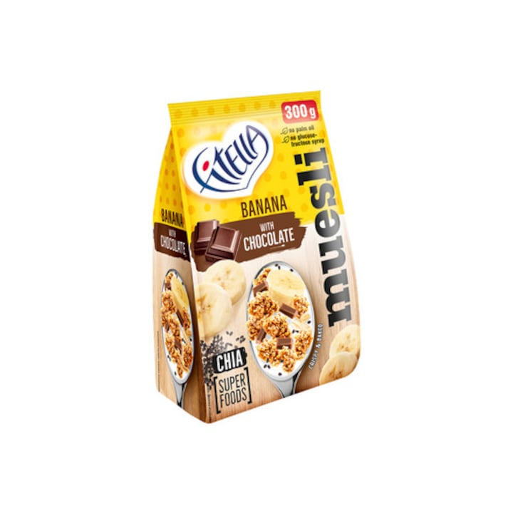 Musli crocant cu banana, ciocolata si seminte de chia, 300g