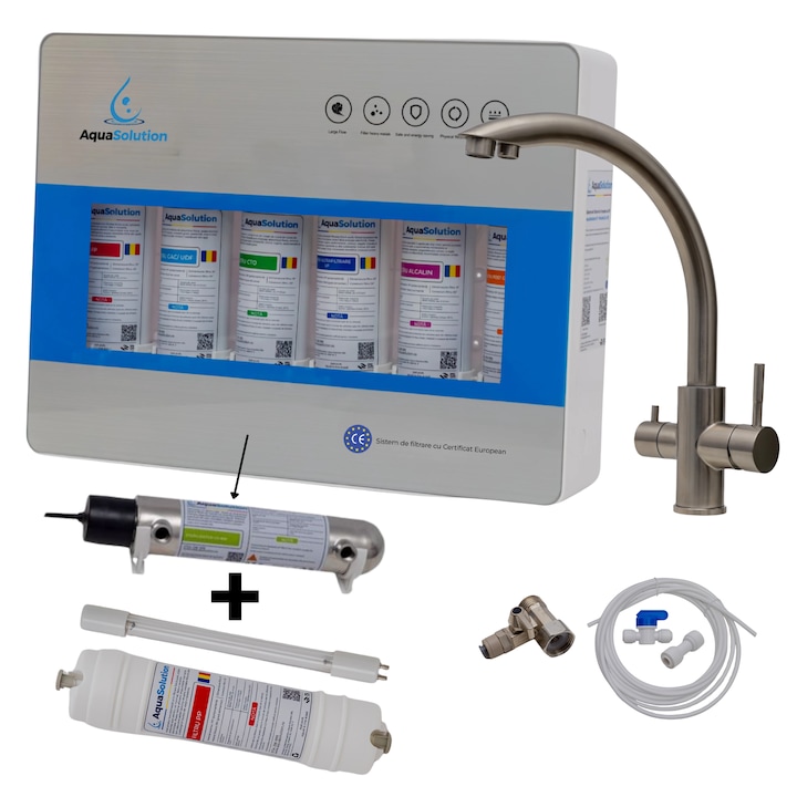 Filtru de apa – Statie ultrafiltrare 6 trepte cu alcalinizare 0.01 microni si cu sterilizator UV 6W – AquaSolution UF-ProLine + Baterie 3 cai, Curve inox 304