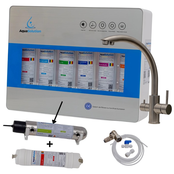 Filtru de apa – Statie ultrafiltrare 6 trepte cu alcalinizare 0.01 microni si cu sterilizator UV 6W – AquaSolution UF-ProLine + Baterie 3 cai, Curve inox 304