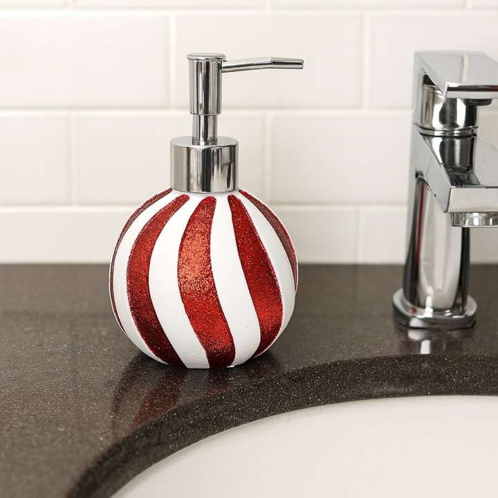 Dozator de sapun lichid, ceramic, forma de acadea, glitter rosu si alb, 300ml