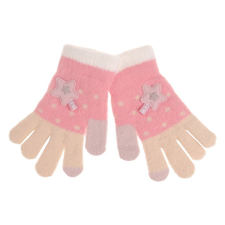 Mănuși copii, colorate, model stele 3D, roz/ecru/bej, 2-5 ani, 1 pereche