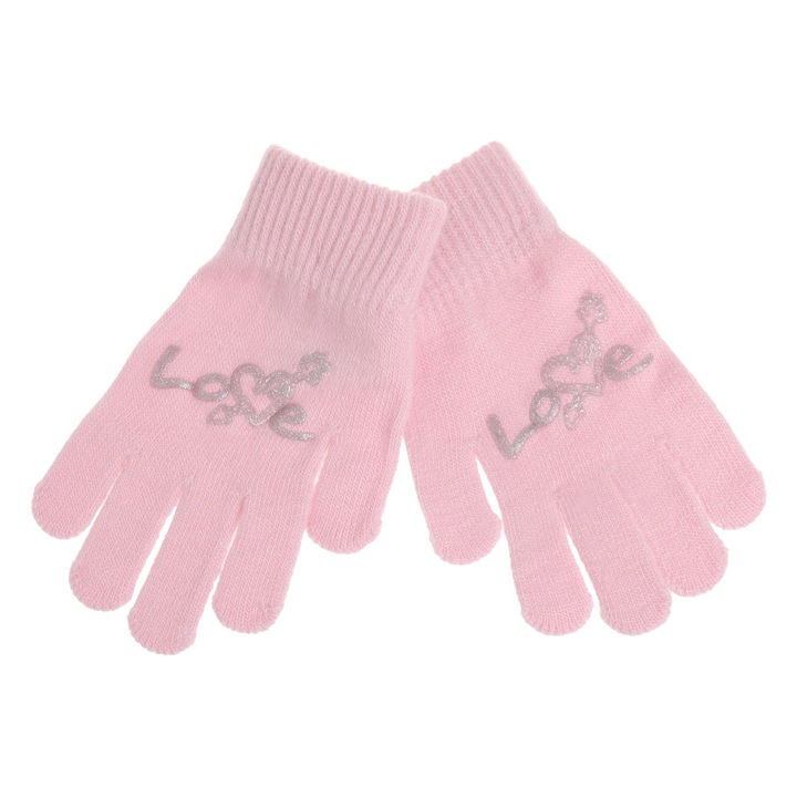 Mănuși roz cu inimă argintie pentru copii 6-10 ani, 1 pereche