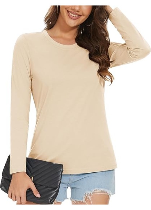 Tricou lejer de vara, cu guler rotund, maneca lunga, crem S