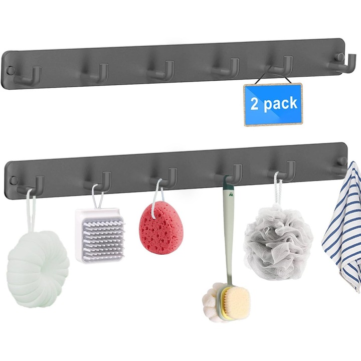 Cuiere cu 6 carlige pe suport din otel inoxidabil gri, set 2 bucati 35 x 8 x 8 cm